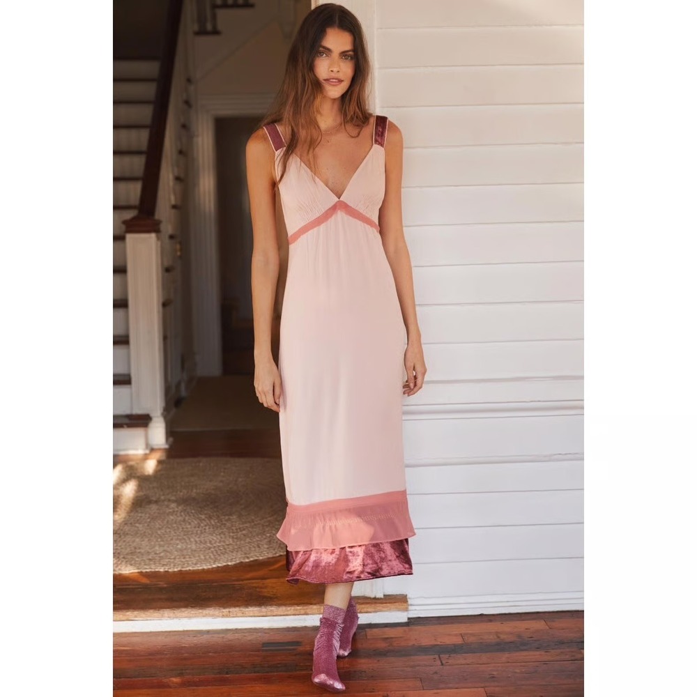 By Anthropologie | Velvet Trimmed Slip Midi Dress Rose Smoke Size XS